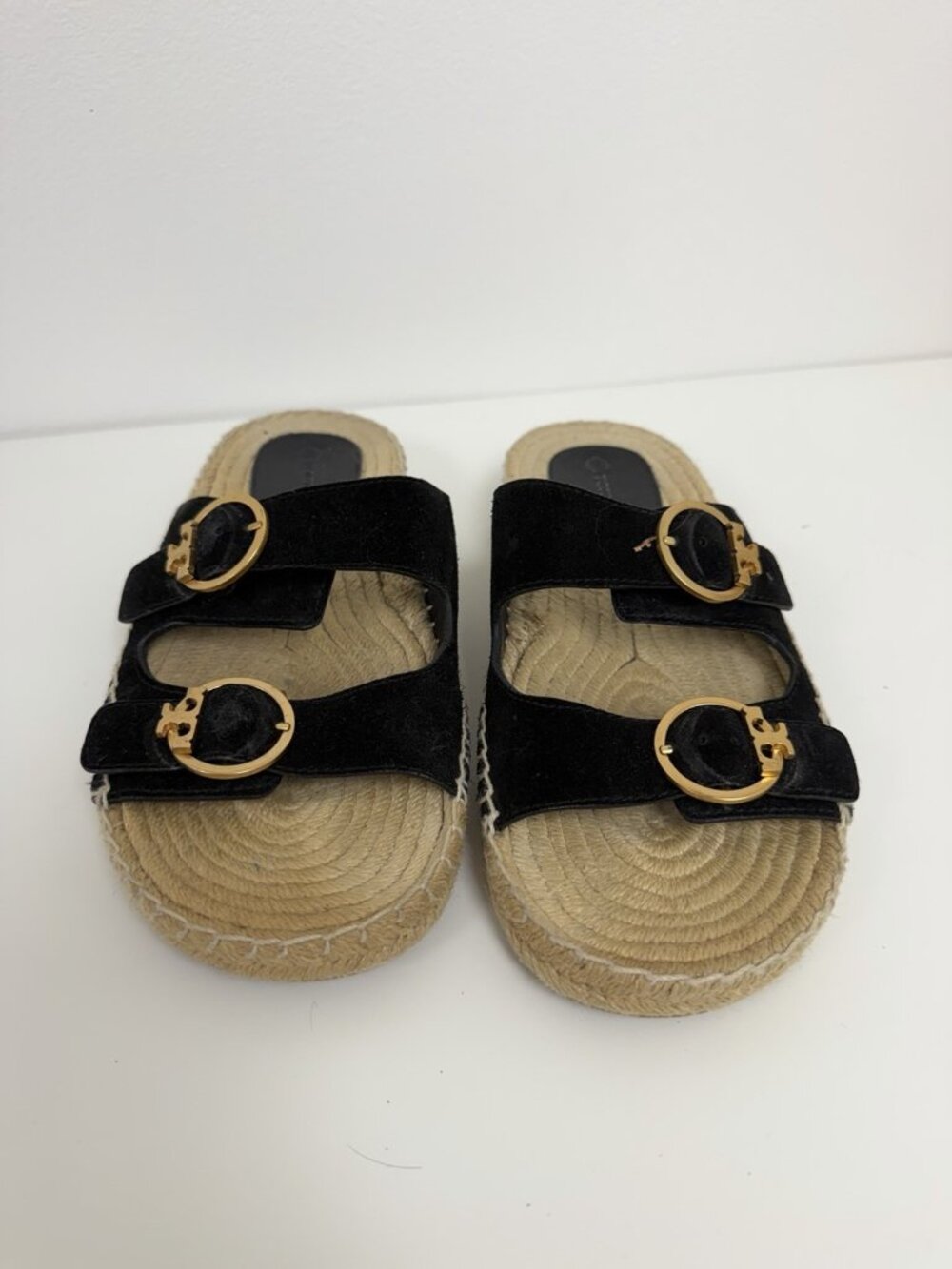 Tory Burch Women's Black Suede Logo Gold Buckle Straps Flat Slide Sandals US 8